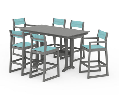 POLYWOOD® EDGE Sling 7-Piece Farmhouse Bar Set with Trestle Legs in Slate Grey / Dupioni Aquamarine Sling