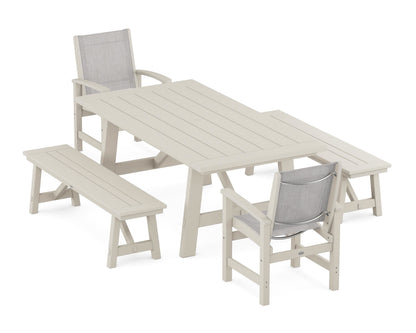 POLYWOOD® Coastal 5-Piece Rustic Farmhouse Dining Set With Benches in Sand / Parchment Sling