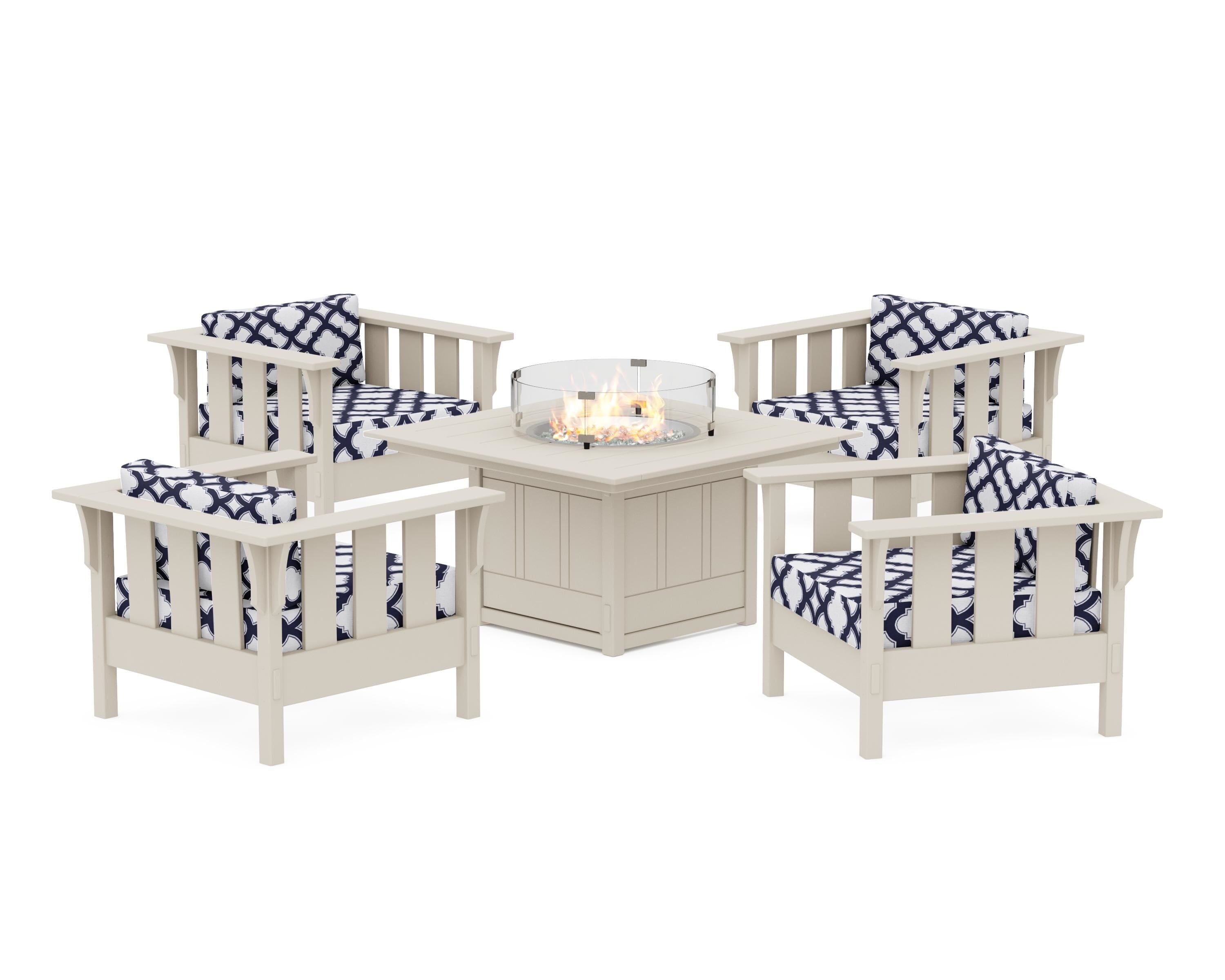 Martha Stewart by POLYWOOD® Acadia 5-Piece Deep Seating Set with Fire Pit Table in Sand / Trellis Navy