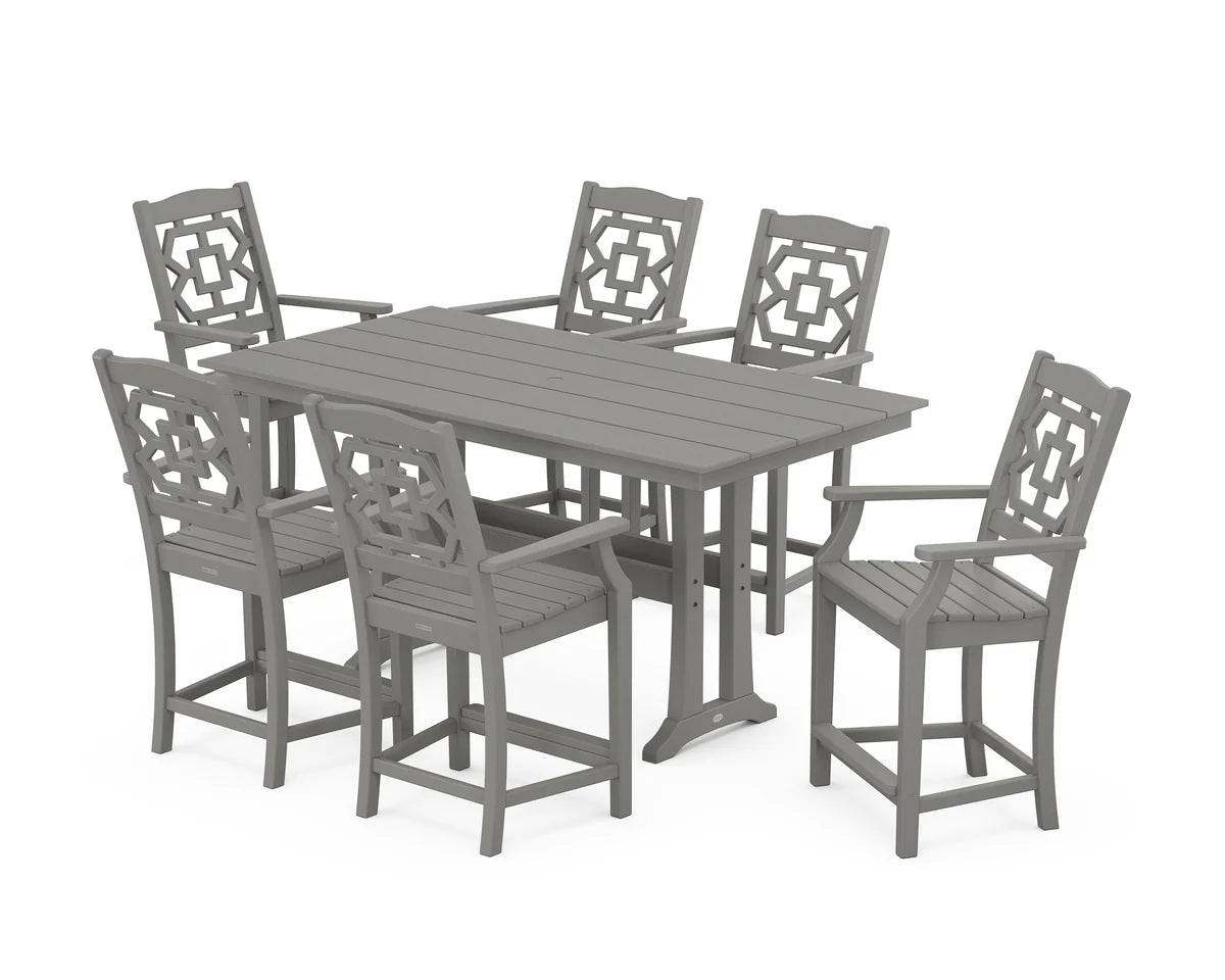 Chinoiserie Arm Chair 7-Piece Farmhouse Counter Set with Trestle Legs