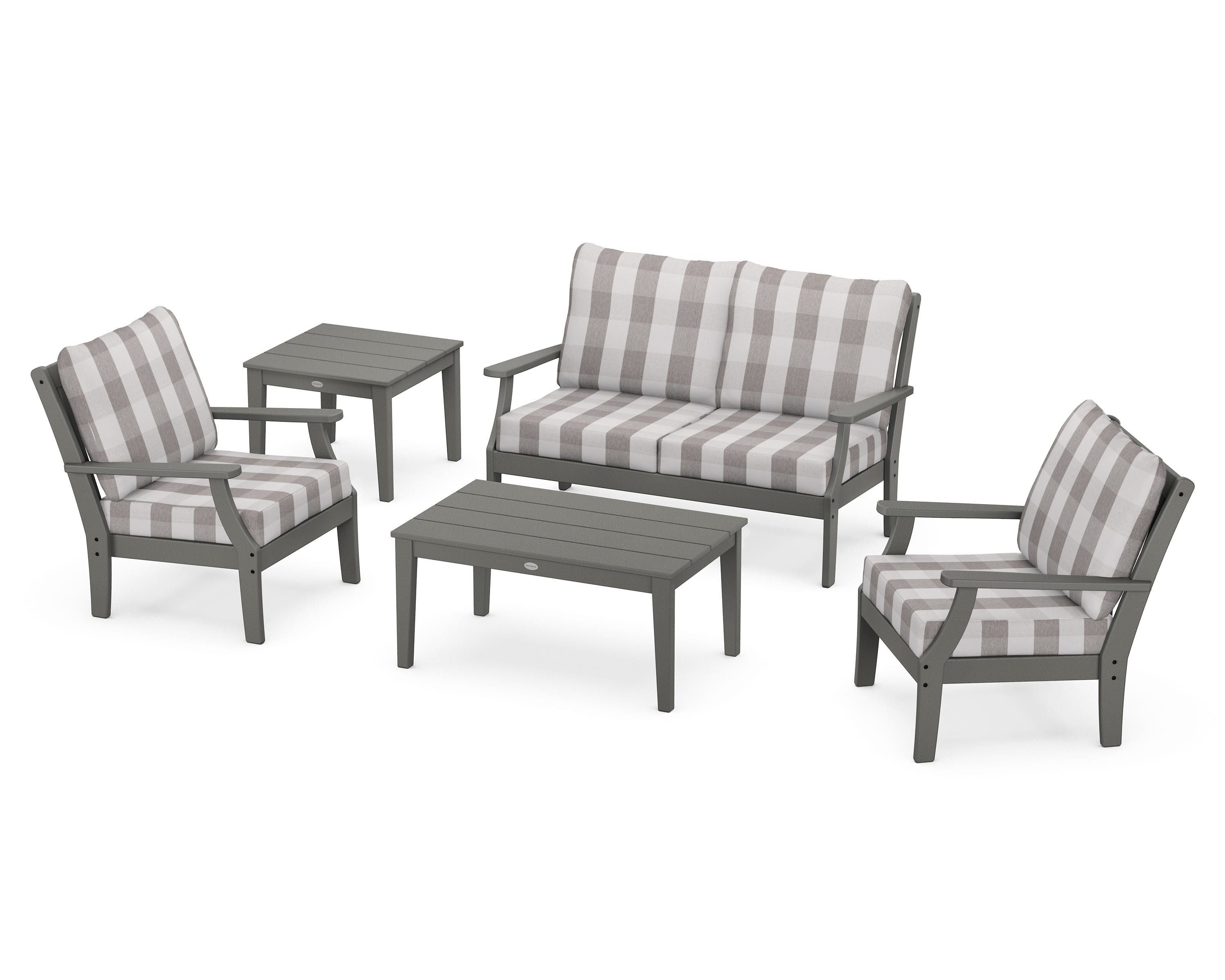POLYWOOD® Braxton 5-Piece Deep Seating Set in Slate Grey / Buffalo Plaid Grey Mist