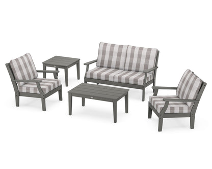 POLYWOOD® Braxton 5-Piece Deep Seating Set in Slate Grey / Buffalo Plaid Grey Mist