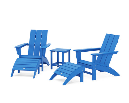 POLYWOOD® Modern Adirondack Chair 5-Piece Set with Ottomans and 18" Side Table in Pacific Blue