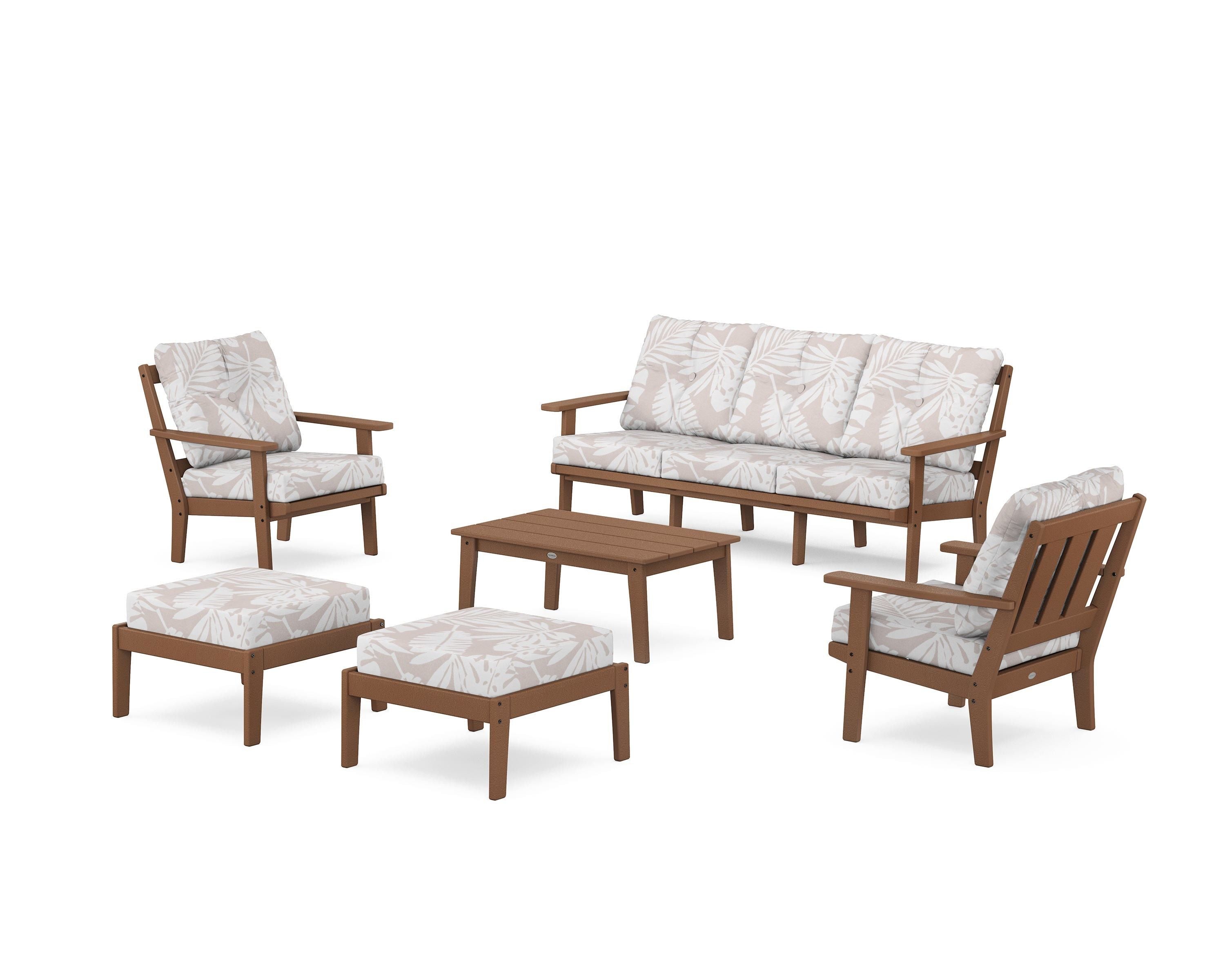 POLYWOOD® Oxford 6-Piece Lounge Sofa Set in Teak / Leaf Dune Burlap