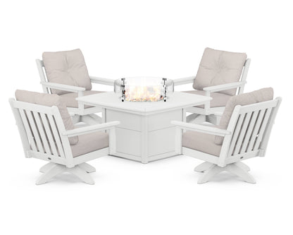 POLYWOOD® Vineyard 5-Piece Deep Seating Swivel Conversation Set with Fire Pit Table in White / Dune Burlap