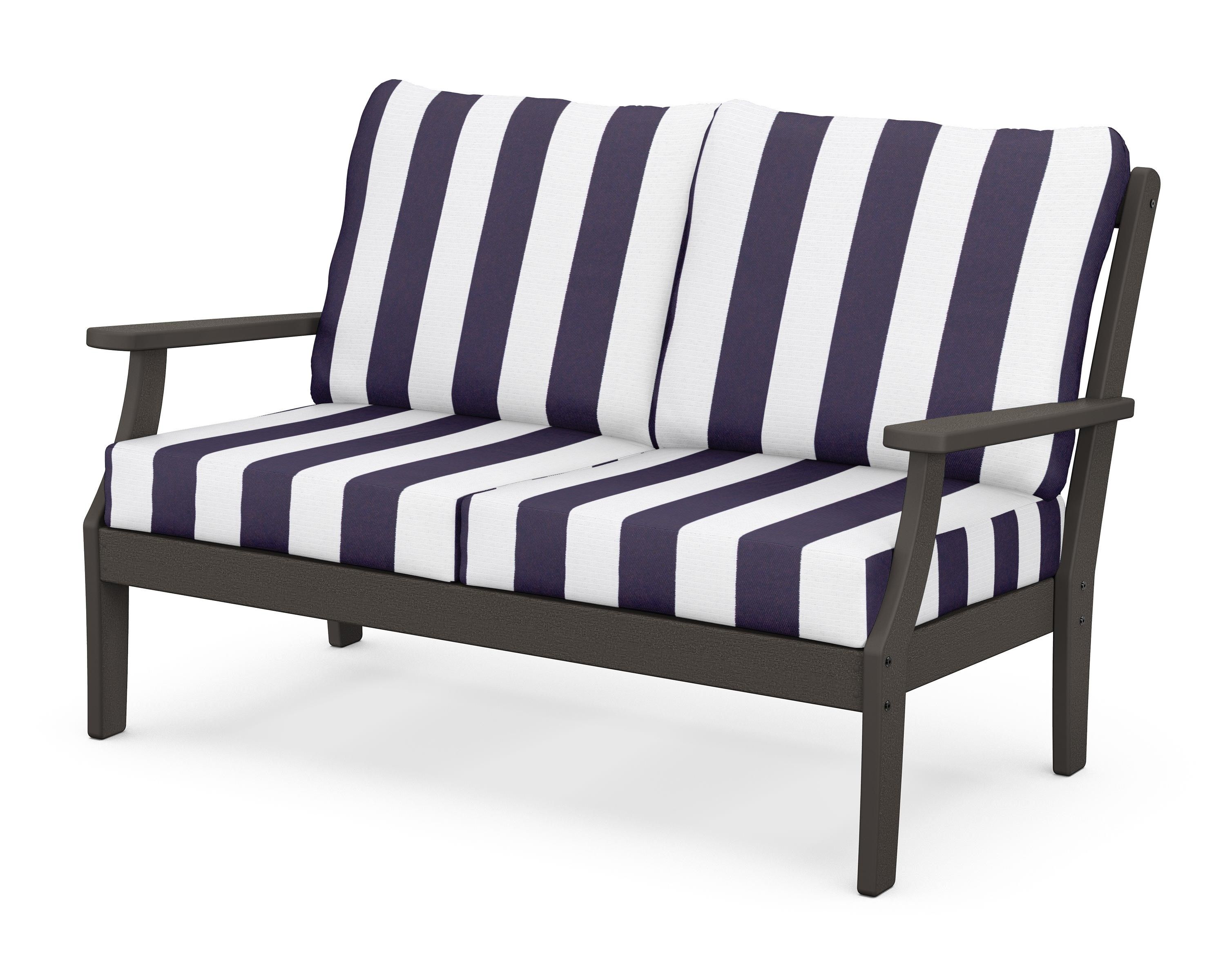 POLYWOOD® Braxton Deep Seating Loveseat in Vintage Coffee / Cabana Stripe Navy