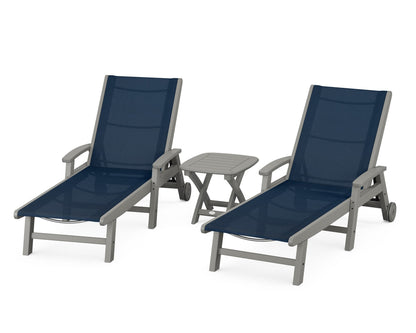 POLYWOOD® Coastal 3-Piece Wheeled Chaise Set in Slate Grey / Navy Blue Sling