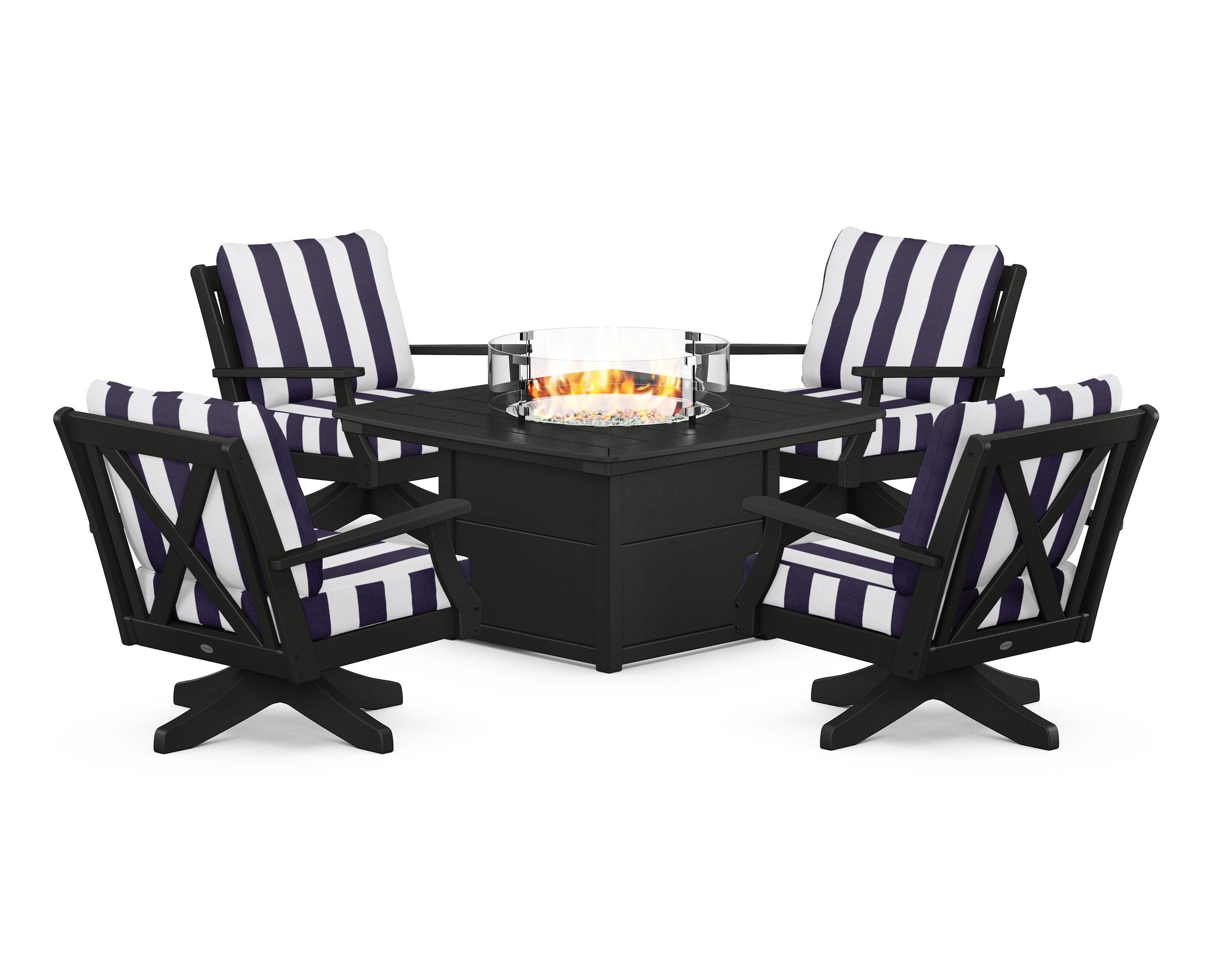 POLYWOOD® Braxton 5-Piece Deep Seating Swivel Conversation Set with Fire Pit Table in Black / Cabana Stripe Navy