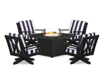 POLYWOOD® Braxton 5-Piece Deep Seating Swivel Conversation Set with Fire Pit Table in Black / Cabana Stripe Navy