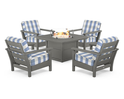 POLYWOOD® Harbour 5-Piece Conversation Set with Fire Pit Table in Slate Grey / Buffalo Plaid Sky Blue
