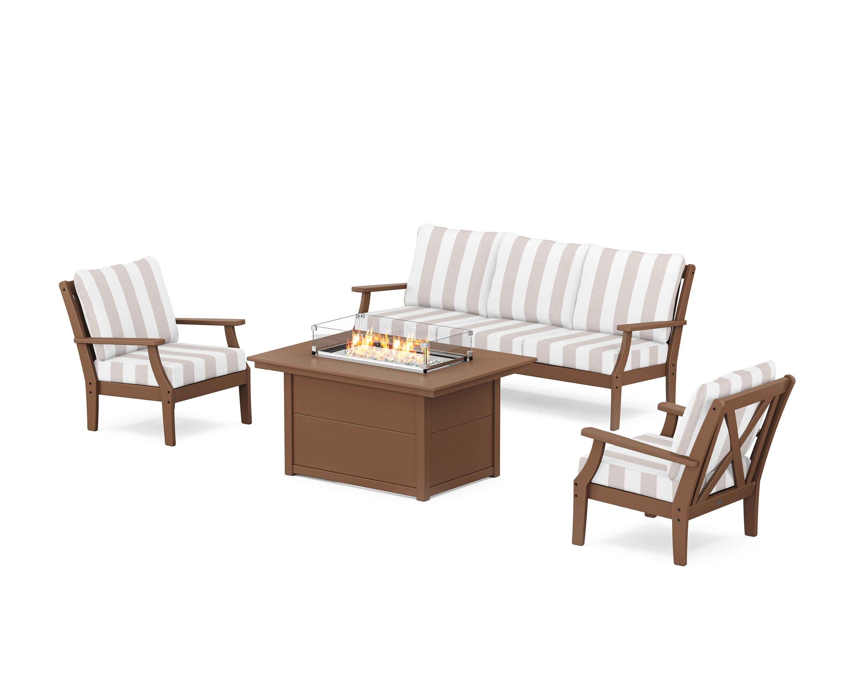 POLYWOOD® Braxton Deep Seating Fire Pit Table Set in Teak / Cabana Stripe Dune Burlap