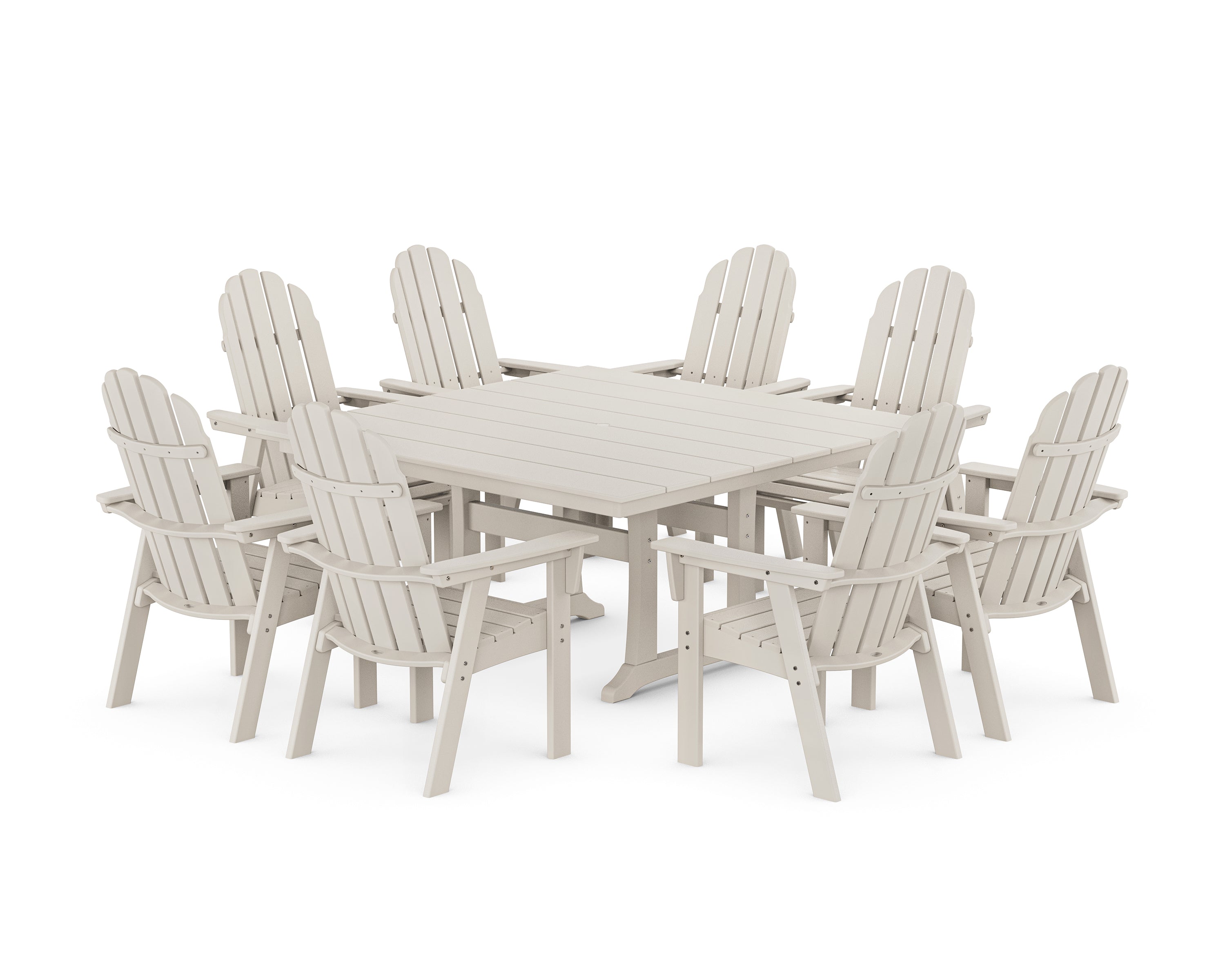 POLYWOOD® Vineyard Curveback Adirondack 9-Piece Square Farmhouse Dining Set with Trestle Legs in Sand
