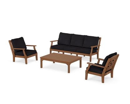 Martha Stewart by POLYWOOD® Chinoiserie 4-Piece Deep Seating Set with Sofa in Teak / Midnight Linen