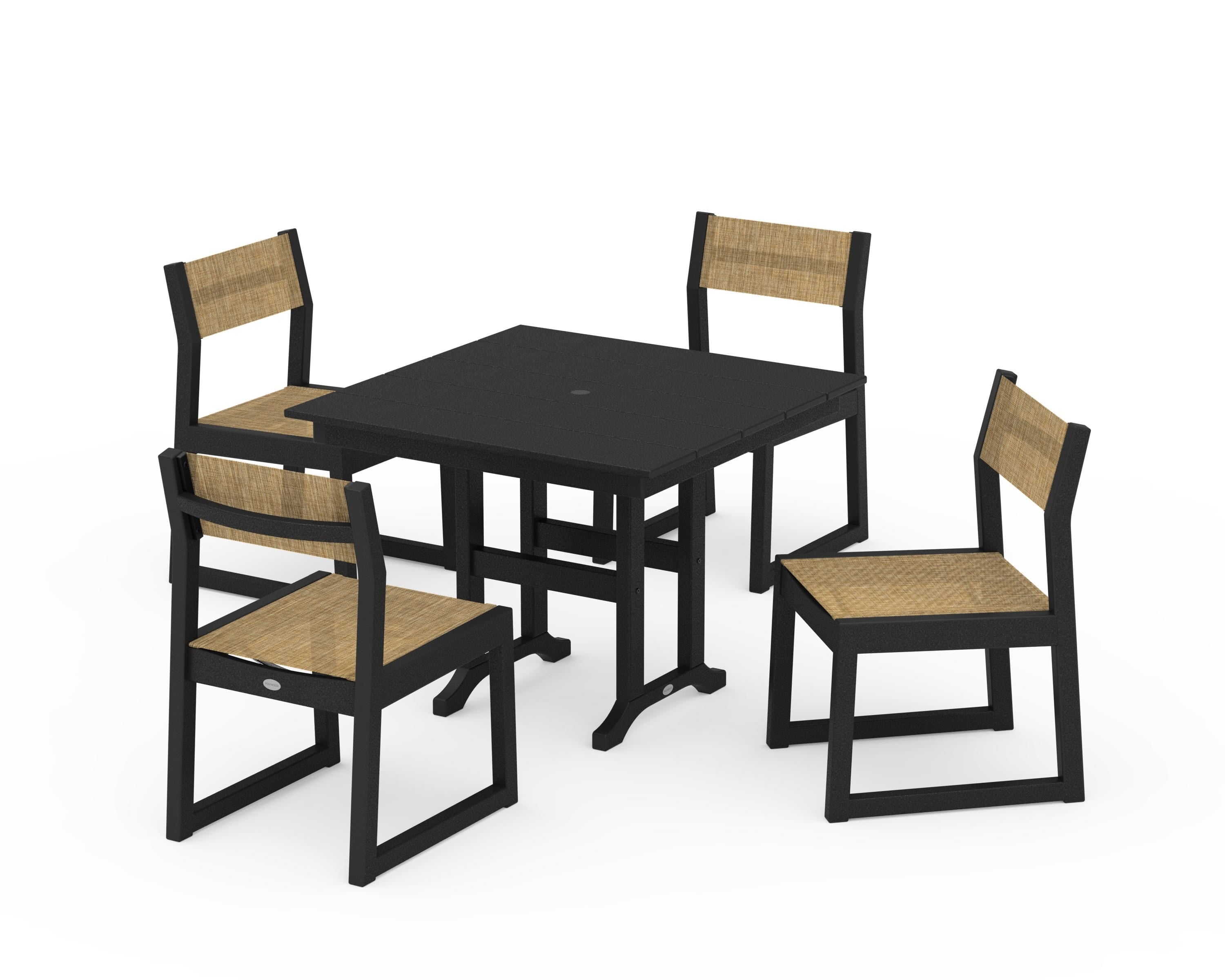 POLYWOOD® EDGE Sling Side Chair 5-Piece Farmhouse Dining Set in Black / Burlap Sling