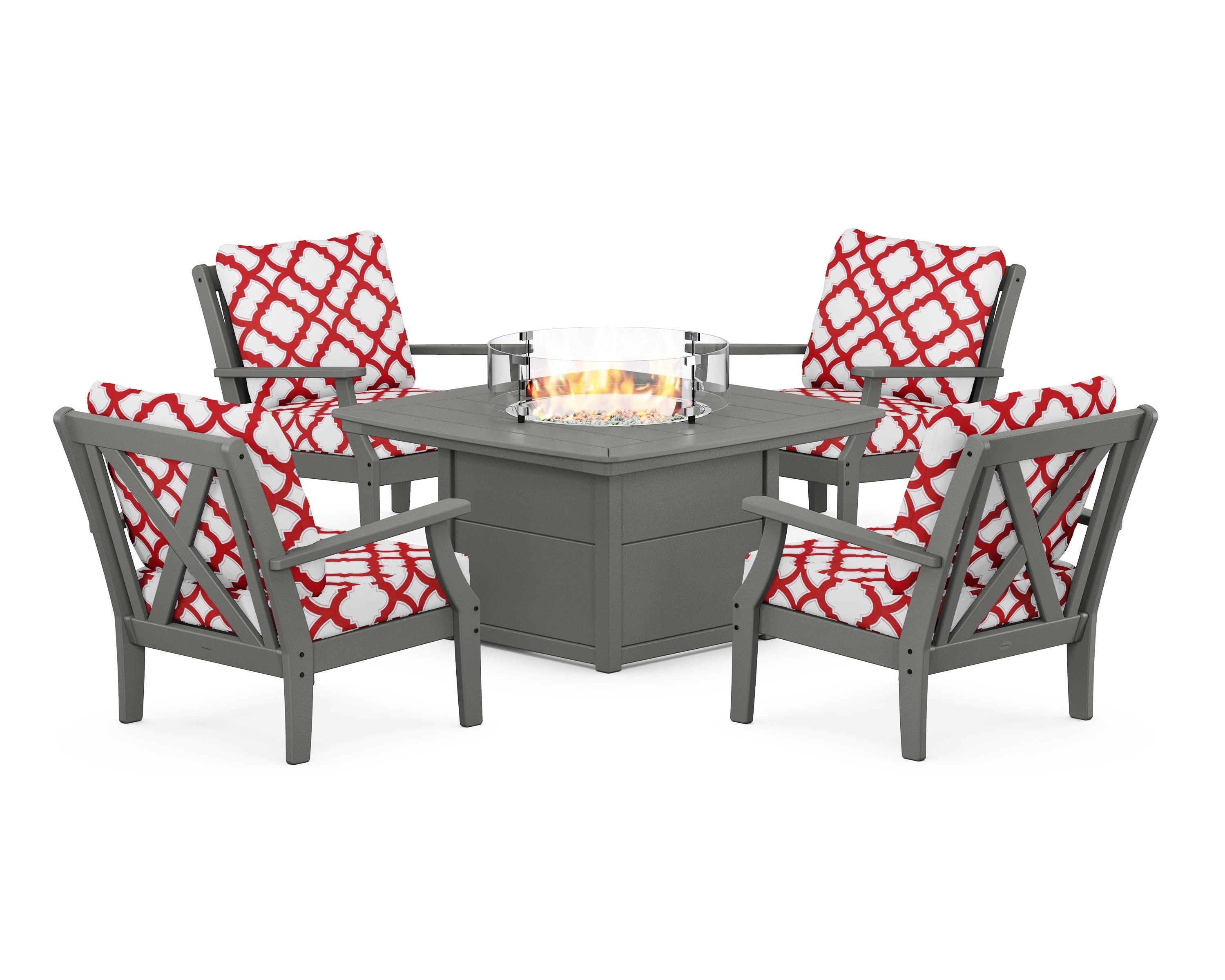 POLYWOOD® Braxton 5-Piece Deep Seating Conversation Set with Fire Pit Table in Slate Grey / Trellis Crimson