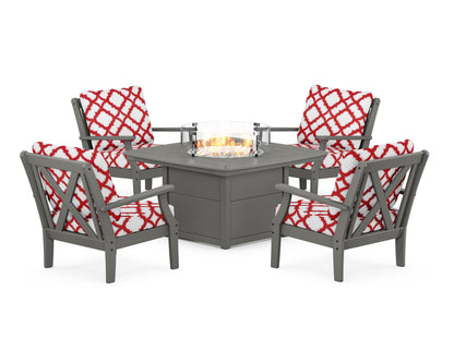 POLYWOOD® Braxton 5-Piece Deep Seating Conversation Set with Fire Pit Table in Slate Grey / Trellis Crimson