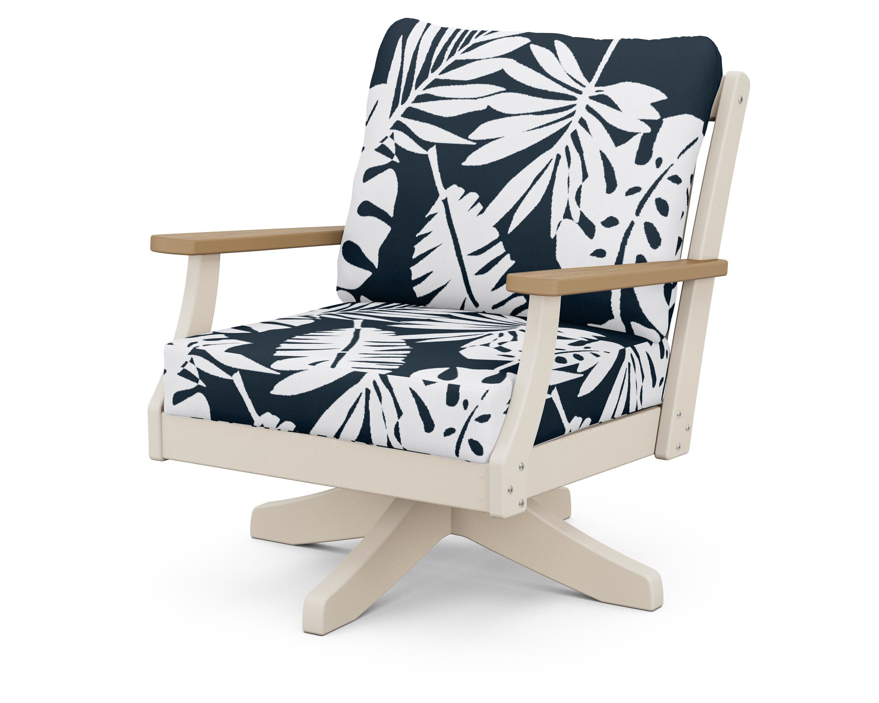 POLYWOOD® Braxton Deep Seating Swivel Chair in Sand / Natural / Leaf Marine Indigo