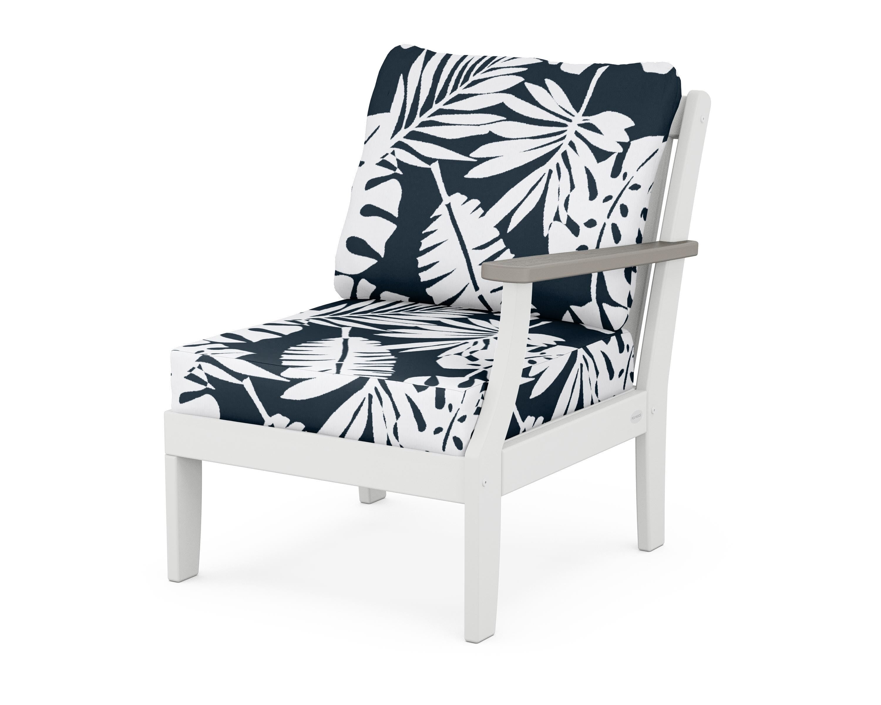 POLYWOOD® Braxton Modular Right Arm Chair in White / Driftwood / Leaf Marine Indigo