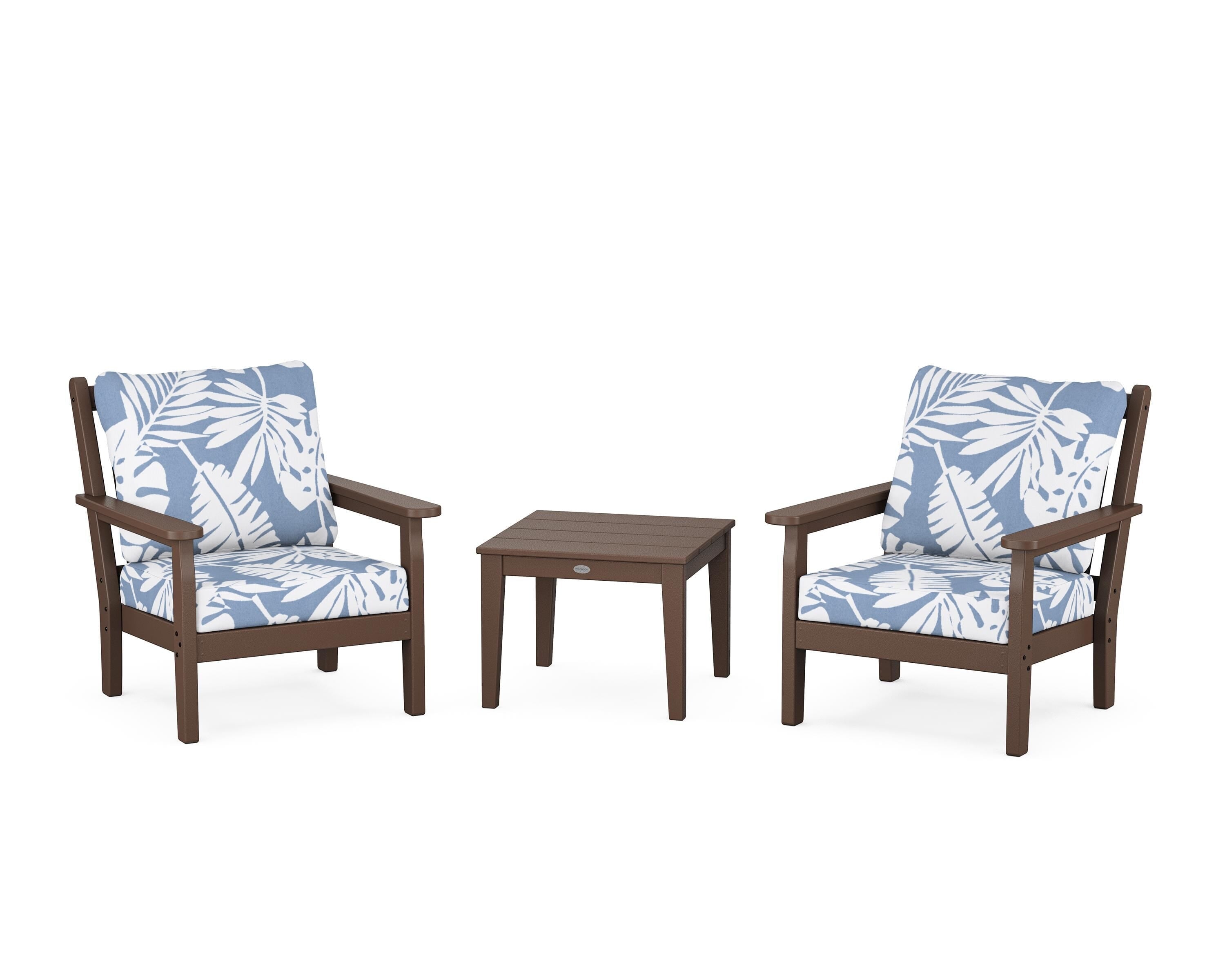 POLYWOOD® Chippendale 3-Piece Deep Seating Set in Mahogany / Leaf Sky Blue