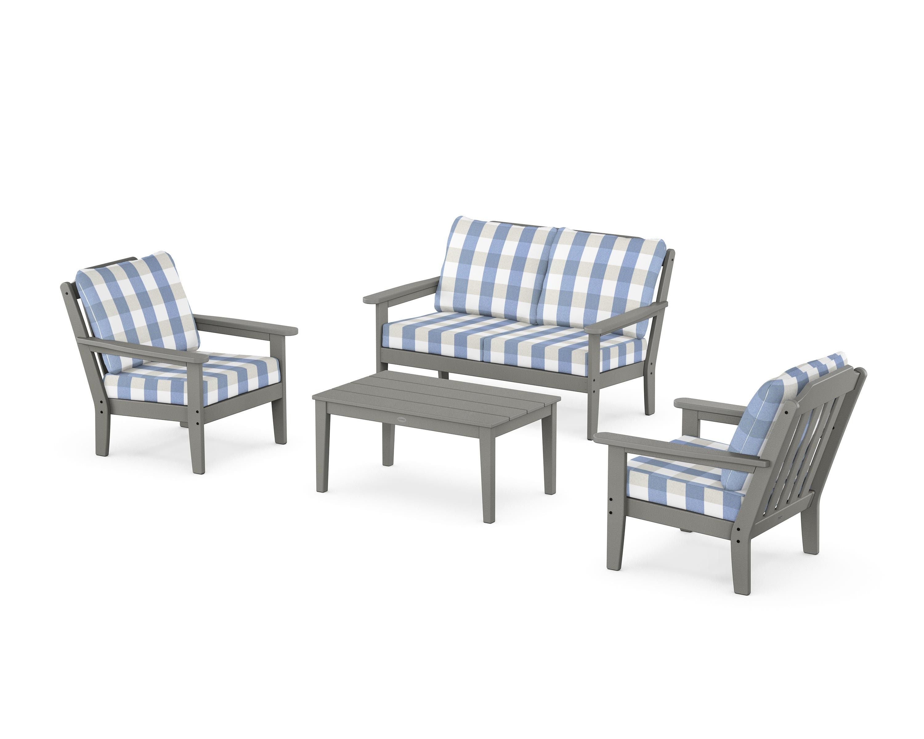 Country Living Cottage 4-Piece Deep Seating Set with Loveseat in Slate Grey / Buffalo Plaid Sky Blue