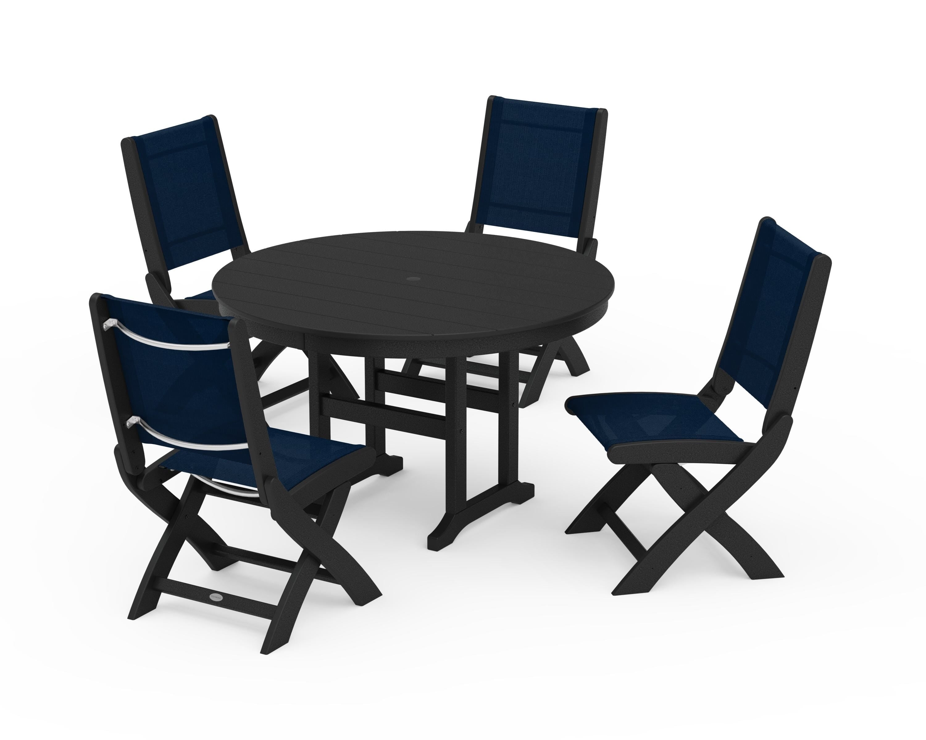 POLYWOOD® Coastal Folding Side Chair 5-Piece Round Dining Set in Black / Navy Blue Sling