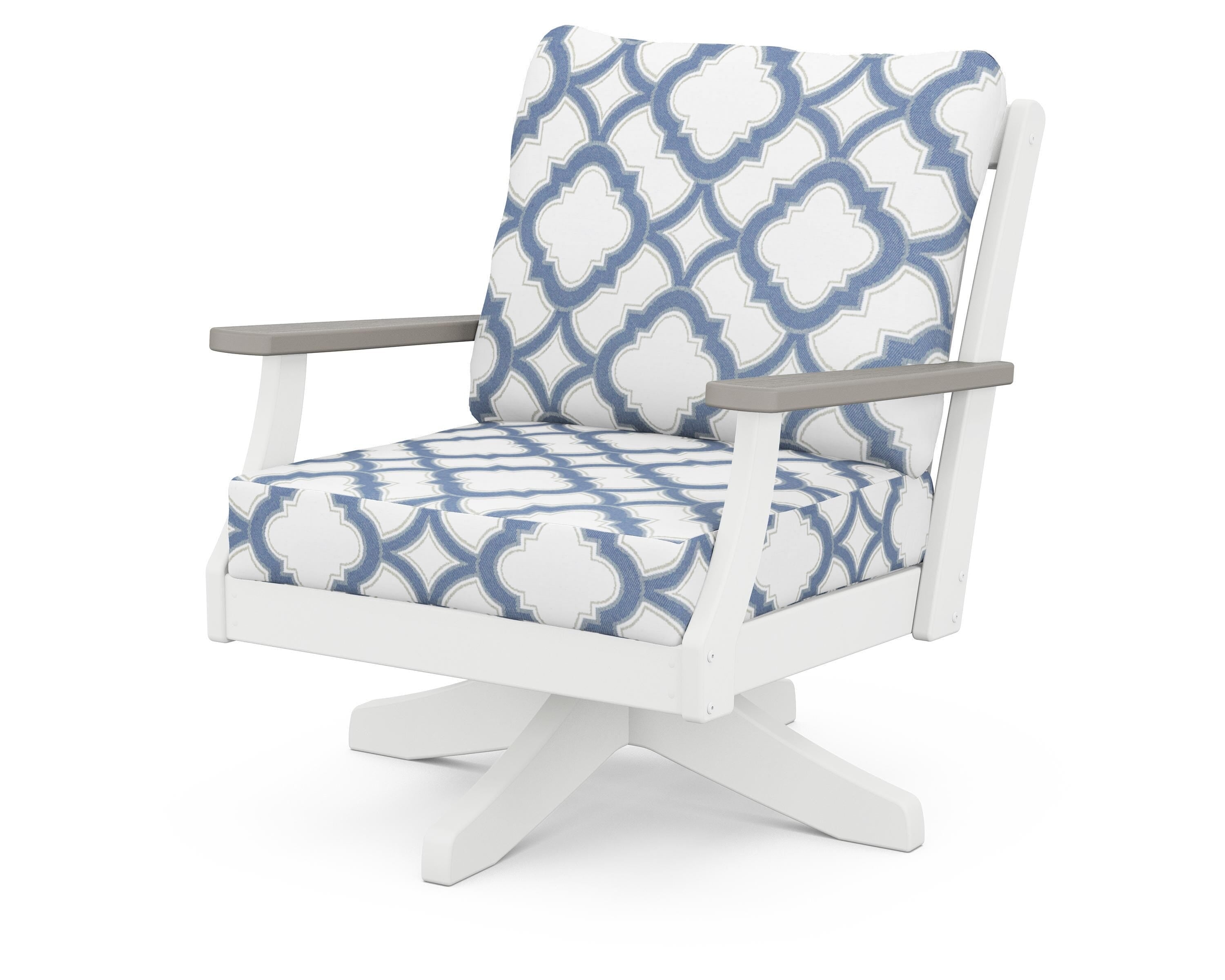 POLYWOOD® Braxton Deep Seating Swivel Chair in White / Driftwood / Trellis Sky Blue