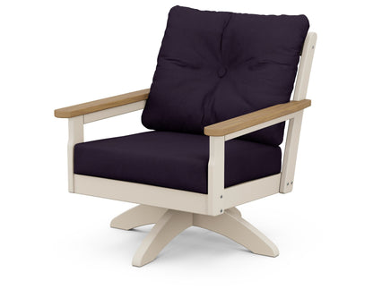 POLYWOOD® Vineyard Deep Seating Swivel Chair in Sand / Natural / Navy Linen