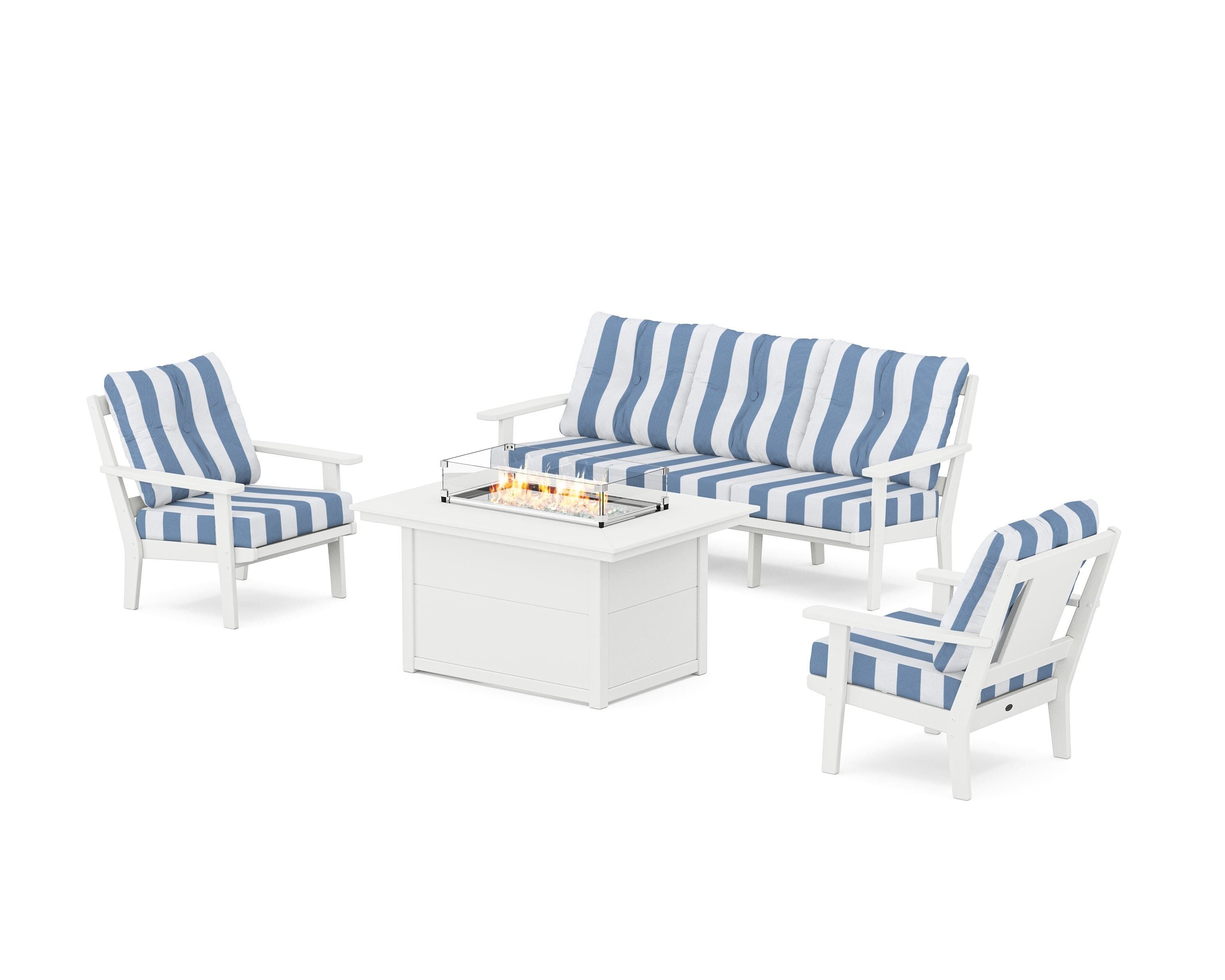 POLYWOOD® Prairie Deep Seating Fire Pit Table Set in White / Cabana Stripe Sky Blue