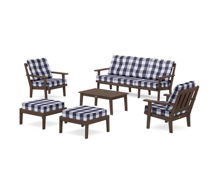 POLYWOOD® Oxford 6-Piece Lounge Sofa Set in Mahogany / Buffalo Plaid Navy