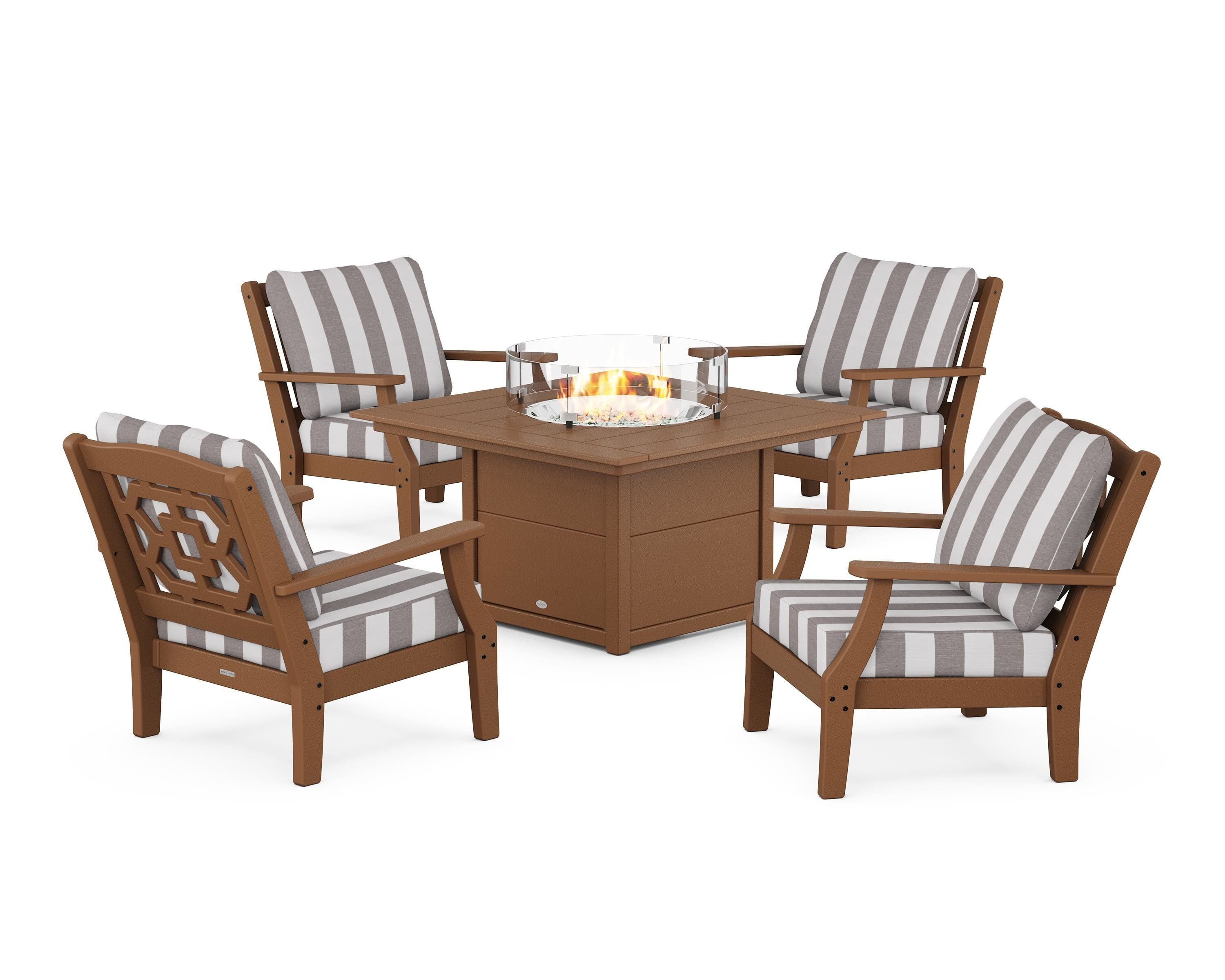 Martha Stewart by POLYWOOD® Chinoiserie 5-Piece Deep Seating Set with Fire Pit Table in Teak / Cabana Stripe Grey Mist