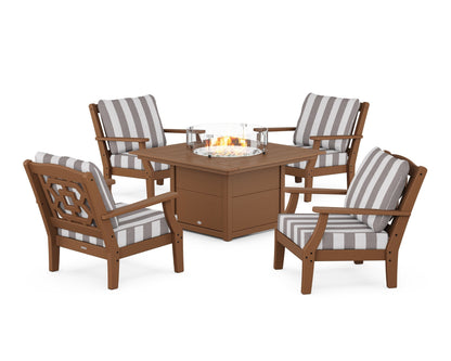 Martha Stewart by POLYWOOD® Chinoiserie 5-Piece Deep Seating Set with Fire Pit Table in Teak / Cabana Stripe Grey Mist
