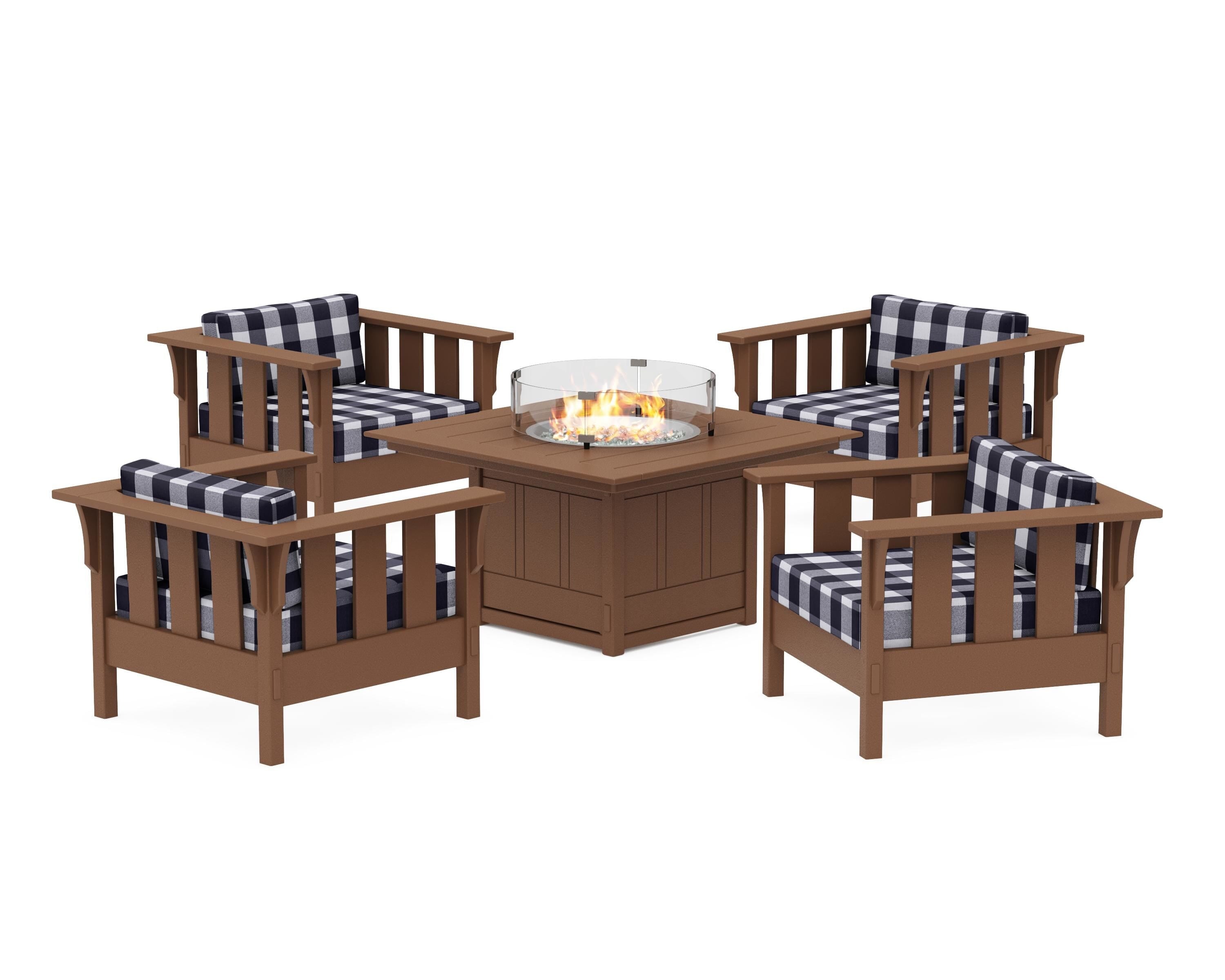 Martha Stewart by POLYWOOD® Acadia 5-Piece Deep Seating Set with Fire Pit Table in Teak / Buffalo Plaid Navy