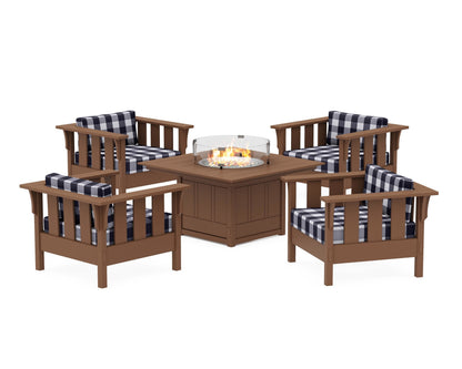 Martha Stewart by POLYWOOD® Acadia 5-Piece Deep Seating Set with Fire Pit Table in Teak / Buffalo Plaid Navy