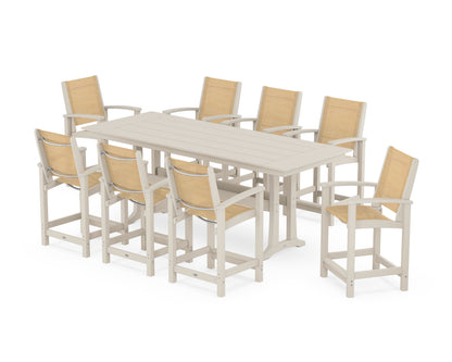POLYWOOD® Coastal 9-Piece Farmhouse Counter Set with Trestle Legs in Sand / Dupioni Apricot Sling