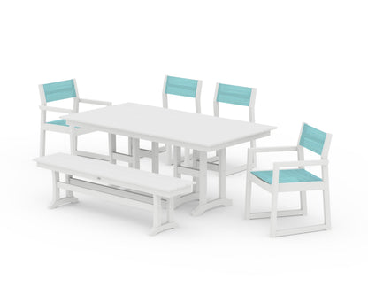 POLYWOOD® EDGE Sling 6-Piece Farmhouse Dining Set in White / Dupioni Aquamarine Sling