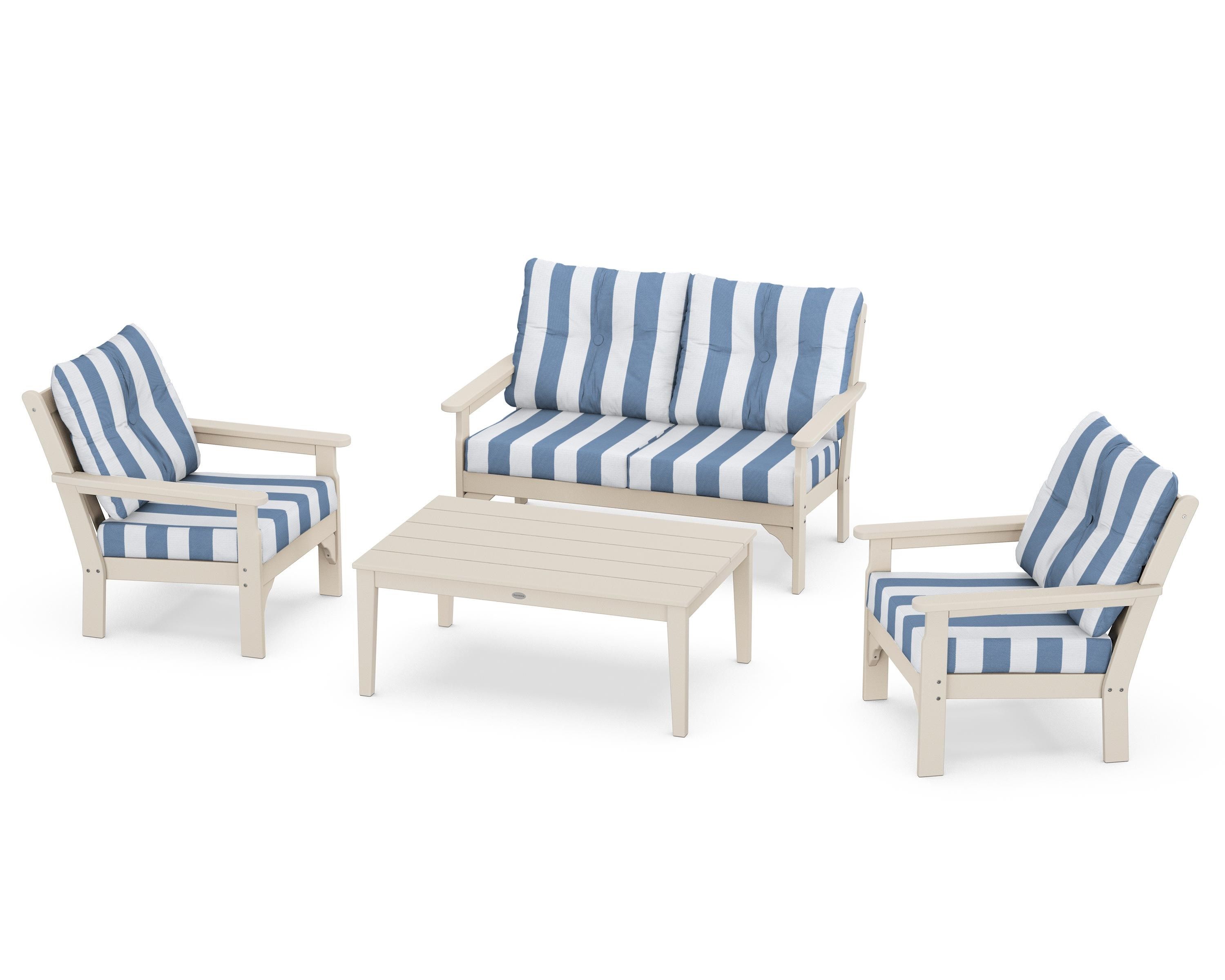POLYWOOD® Vineyard 4-Piece Deep Seating Set in Sand / Cabana Stripe Sky Blue