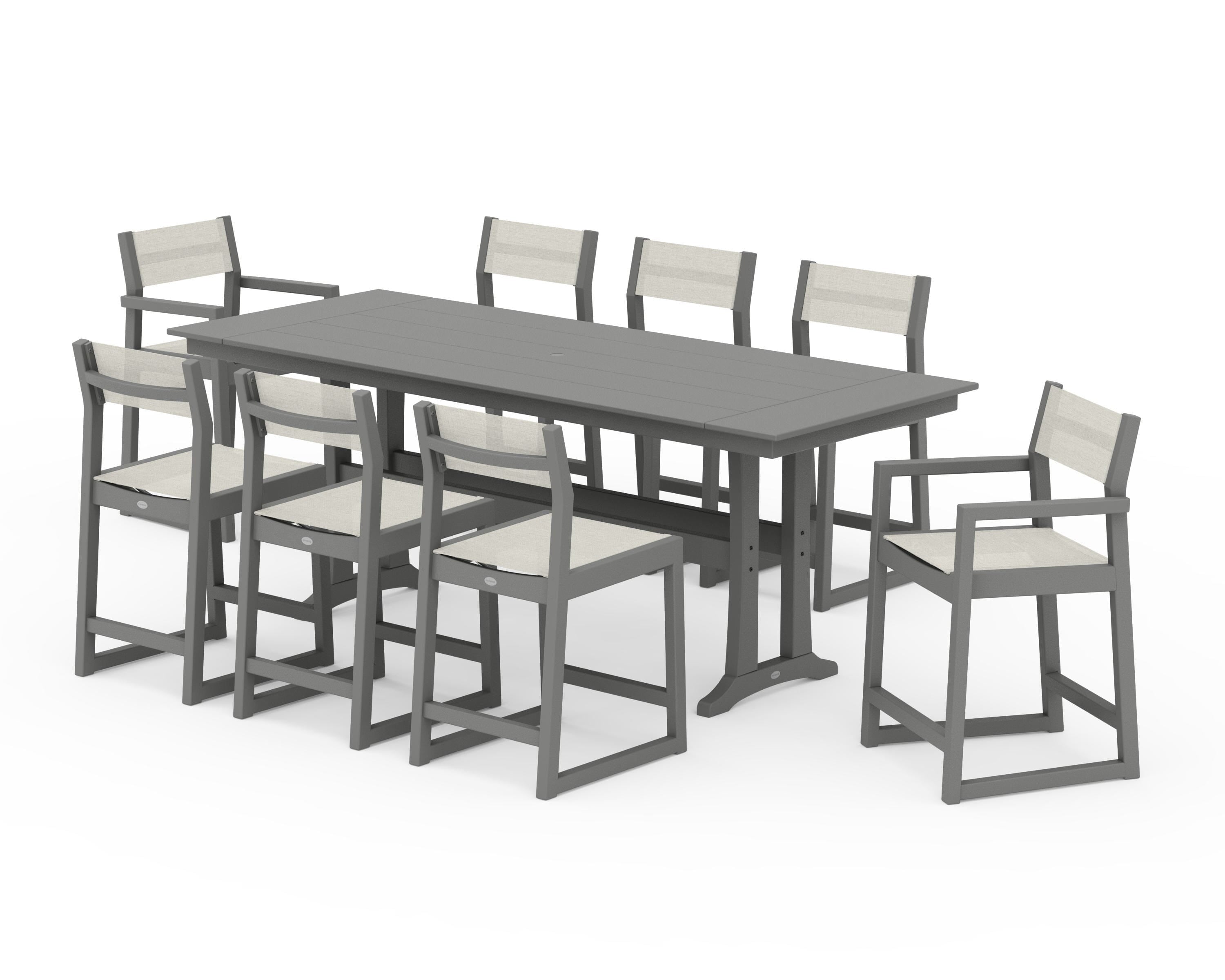POLYWOOD® EDGE Sling 9-Piece Farmhouse Counter Set with Trestle Legs in Slate Grey / Parchment Sling