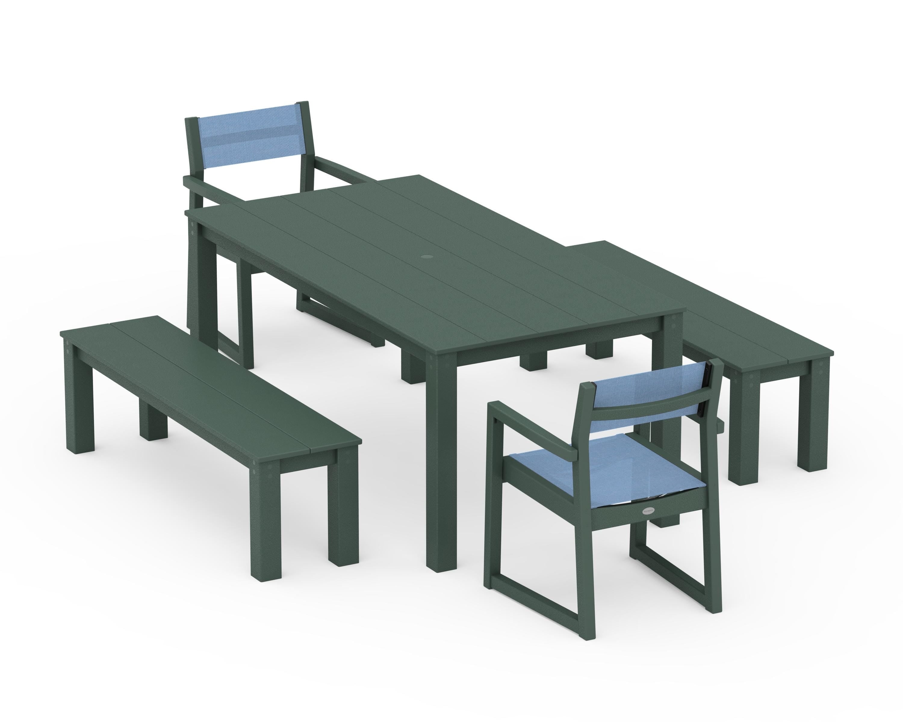 POLYWOOD® EDGE Sling Arm Chair 5-Piece Parsons Dining Set with Benches in Green / Poolside Sling
