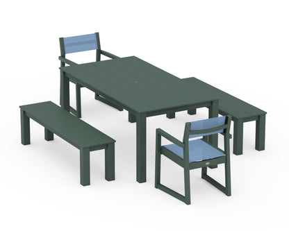 POLYWOOD® EDGE Sling Arm Chair 5-Piece Parsons Dining Set with Benches in Green / Poolside Sling