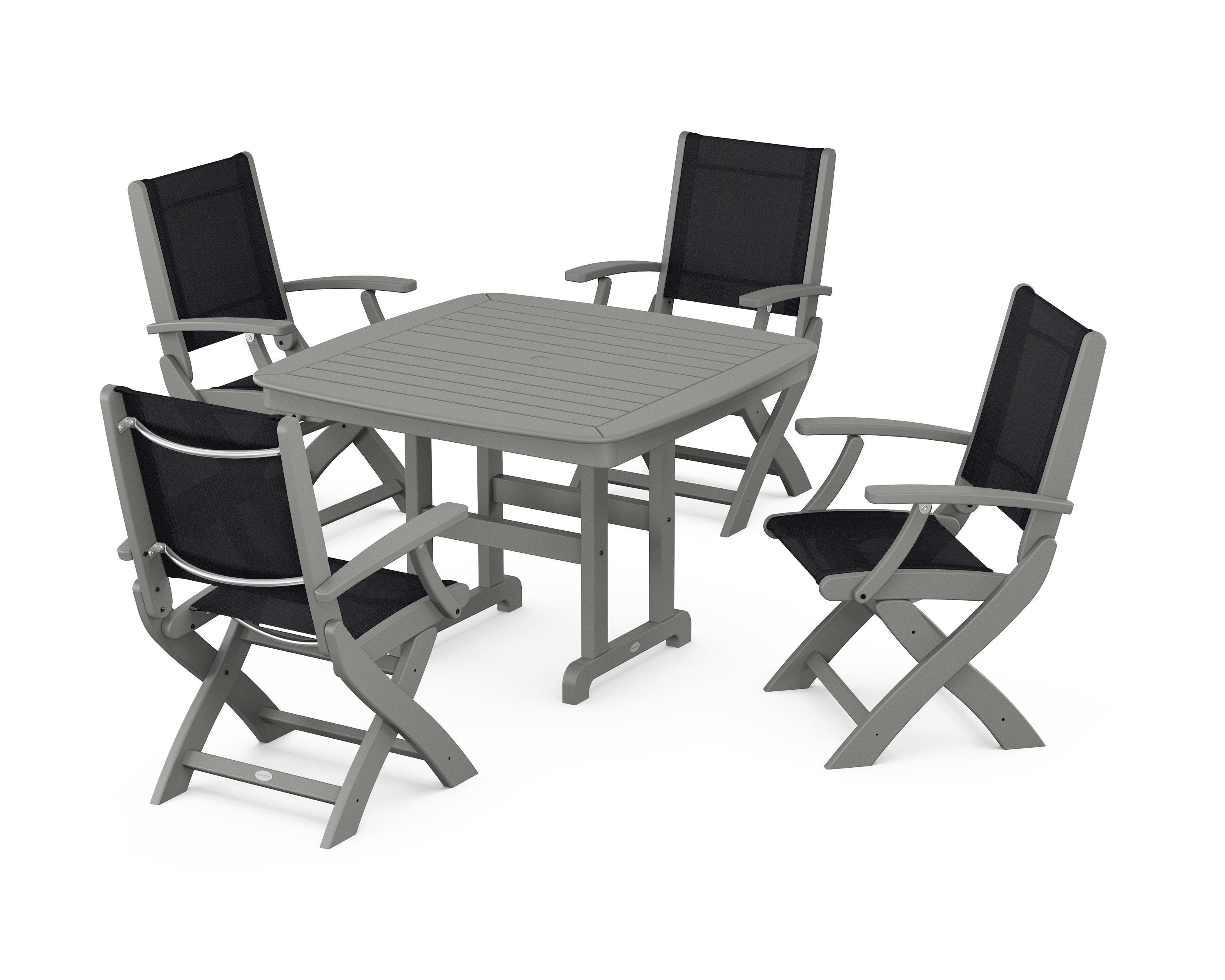 POLYWOOD® Coastal Folding Chair 5-Piece Dining Set in Slate Grey / Black Sling