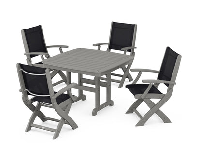 POLYWOOD® Coastal Folding Chair 5-Piece Dining Set in Slate Grey / Black Sling