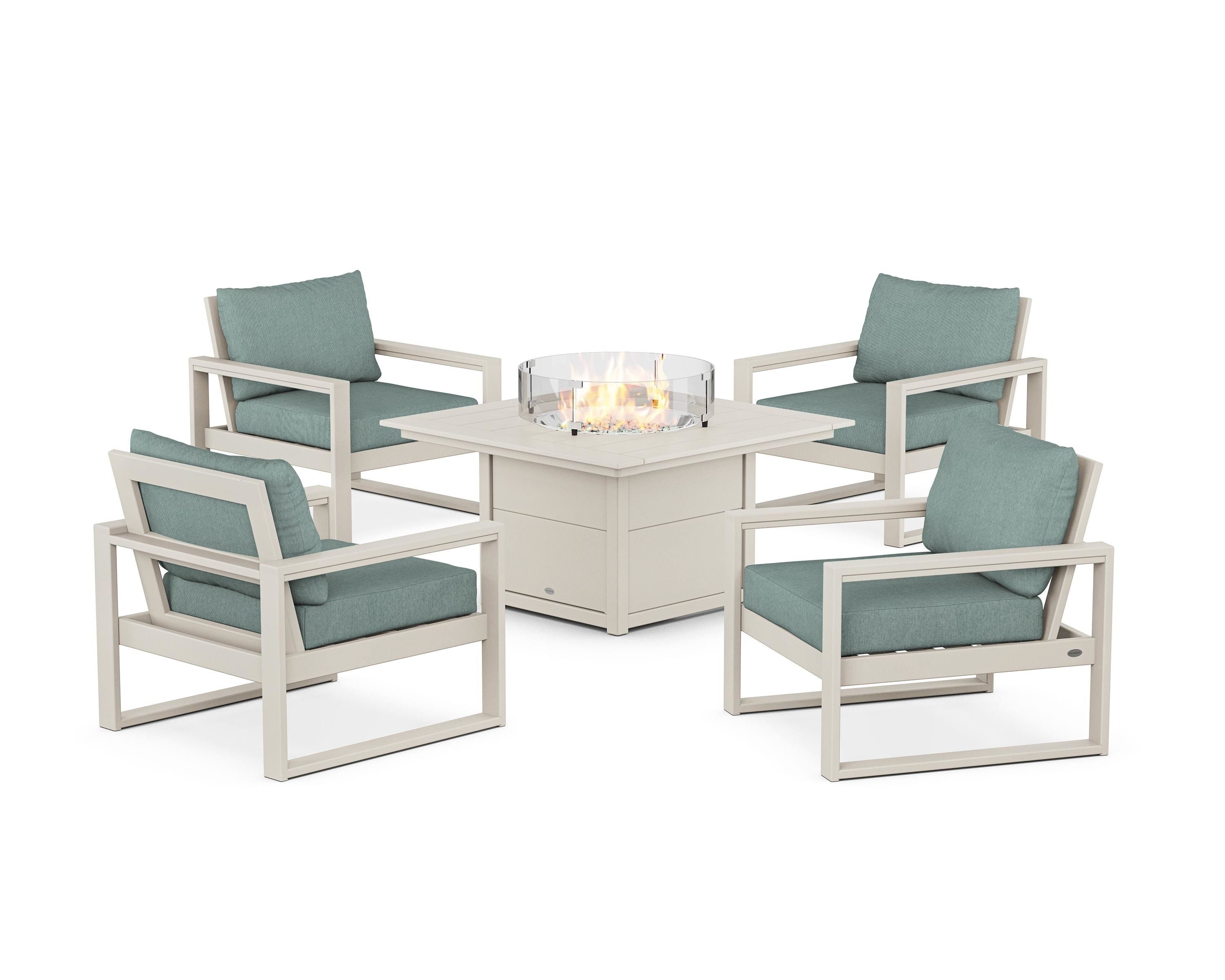 POLYWOOD® EDGE Sectional 5-Piece Deep Seating Set with Fire Pit Table in Sand / Glacier Spa