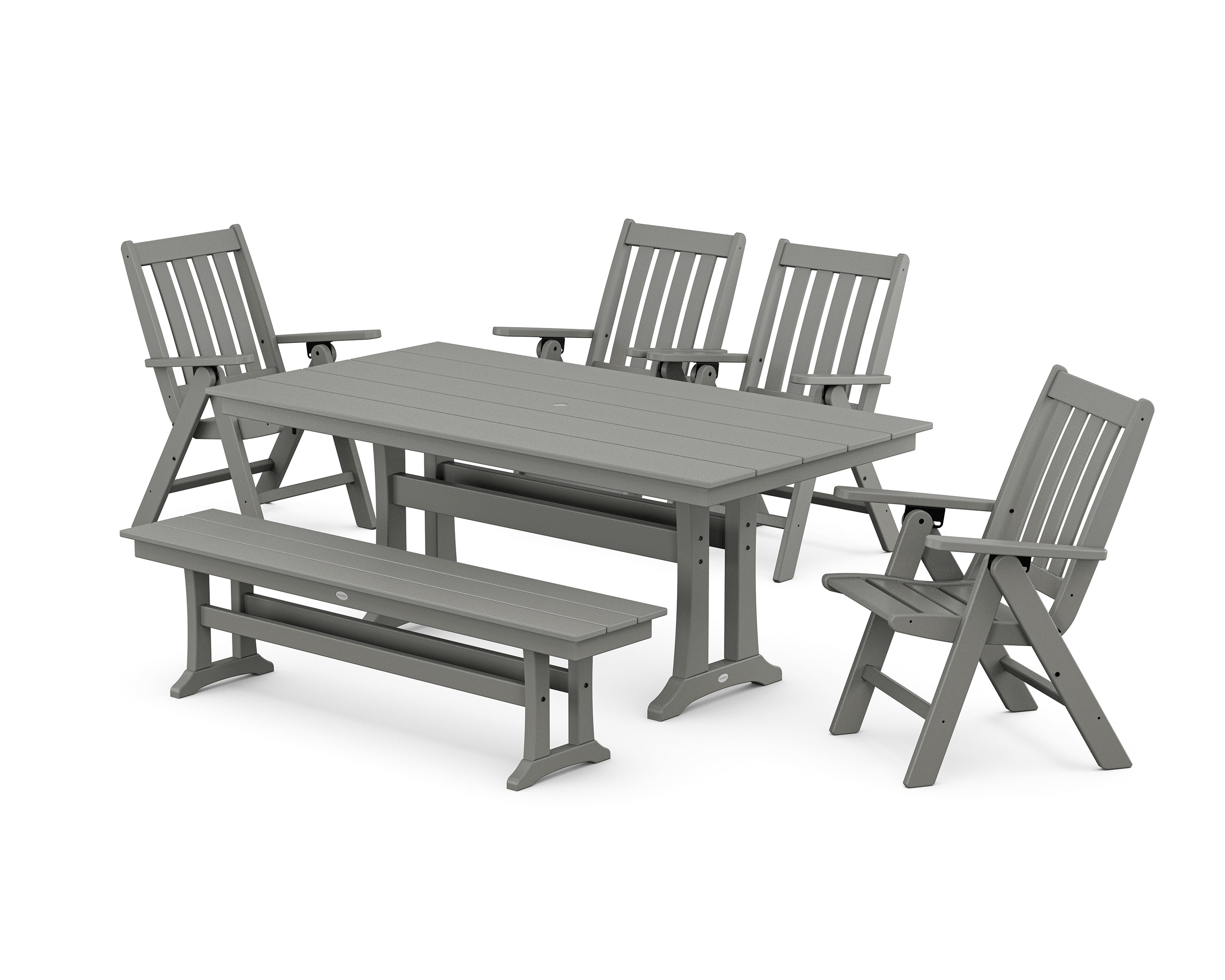 POLYWOOD® Vineyard 6-Piece Folding Chair Farmhouse Dining Set with Trestle Legs and Bench in Slate Grey