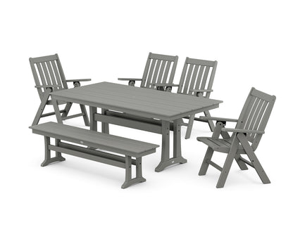 POLYWOOD® Vineyard 6-Piece Folding Chair Farmhouse Dining Set with Trestle Legs and Bench in Slate Grey