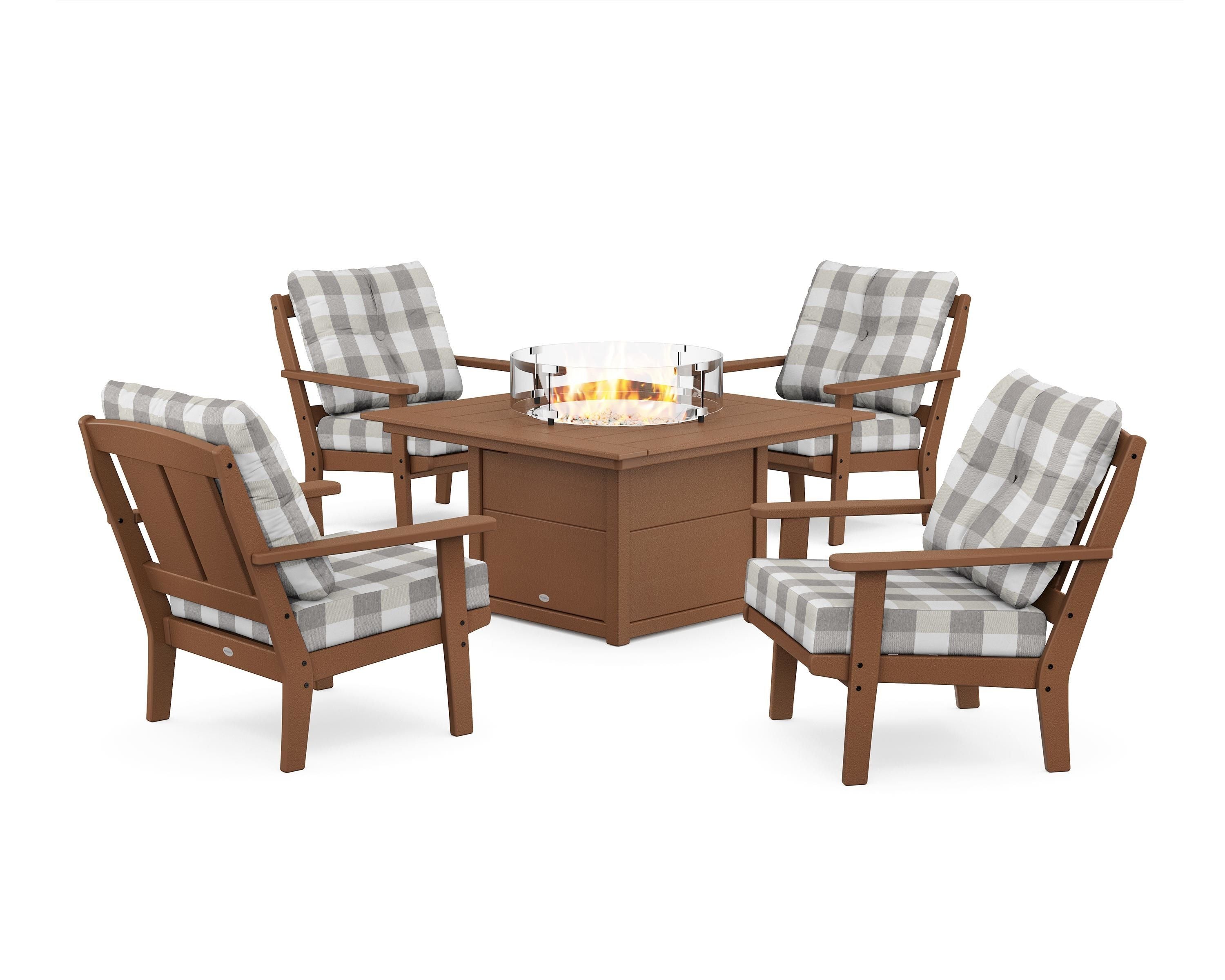 POLYWOOD® Mission 5-Piece Deep Seating Set with Fire Pit Table in Teak / Buffalo Plaid Grey Mist