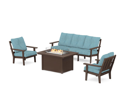 POLYWOOD® Oxford Deep Seating Fire Pit Table Set in Mahogany / Lattice Sky Blue