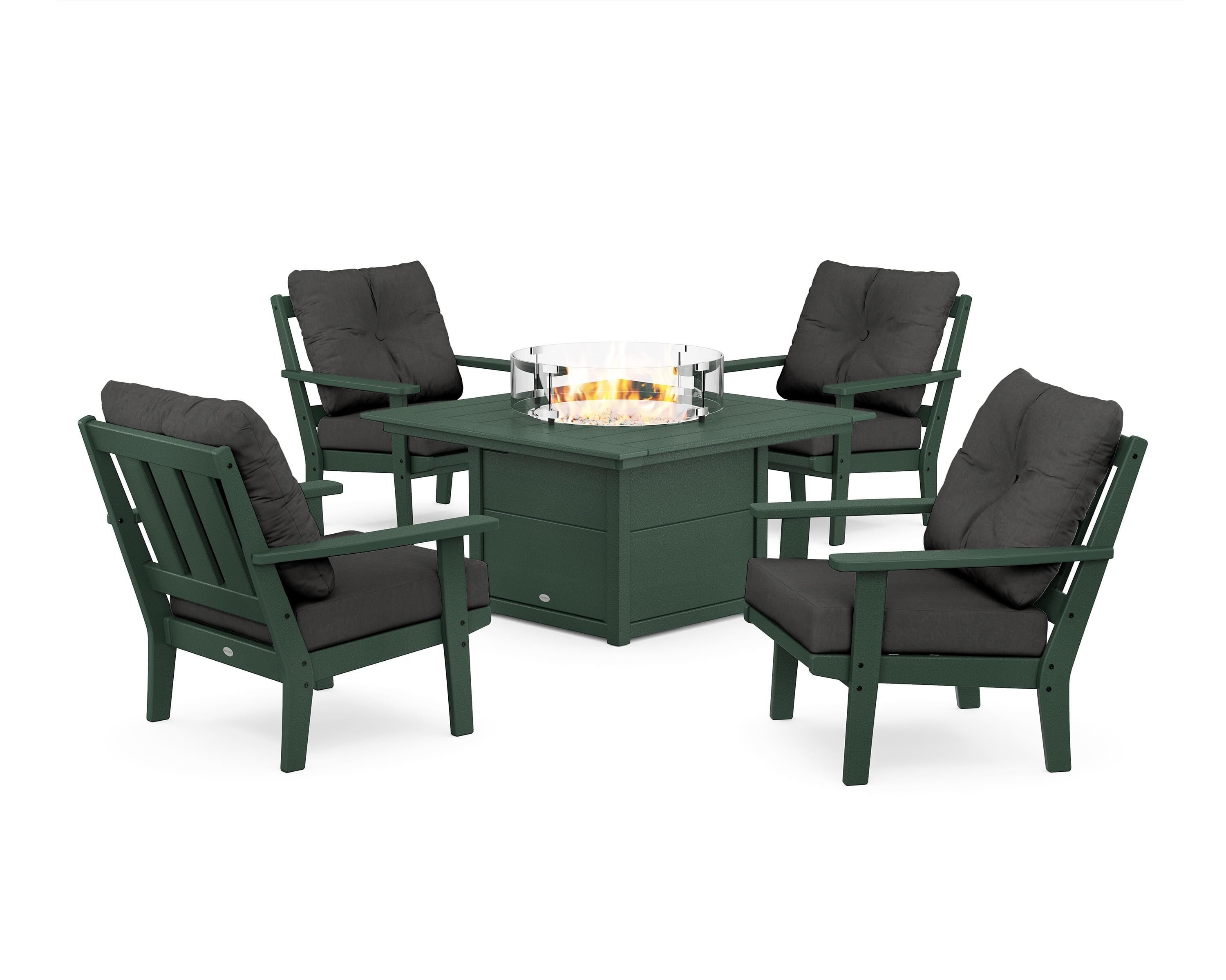 POLYWOOD® Oxford 5-Piece Deep Seating Set with Fire Pit Table in Green / Spectrum Carbon