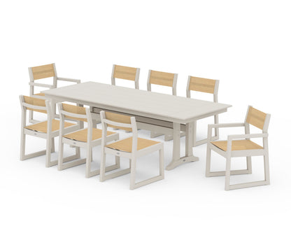 POLYWOOD® EDGE Sling 9-Piece Farmhouse Trestle Dining Set in Sand / Dupioni Apricot Sling