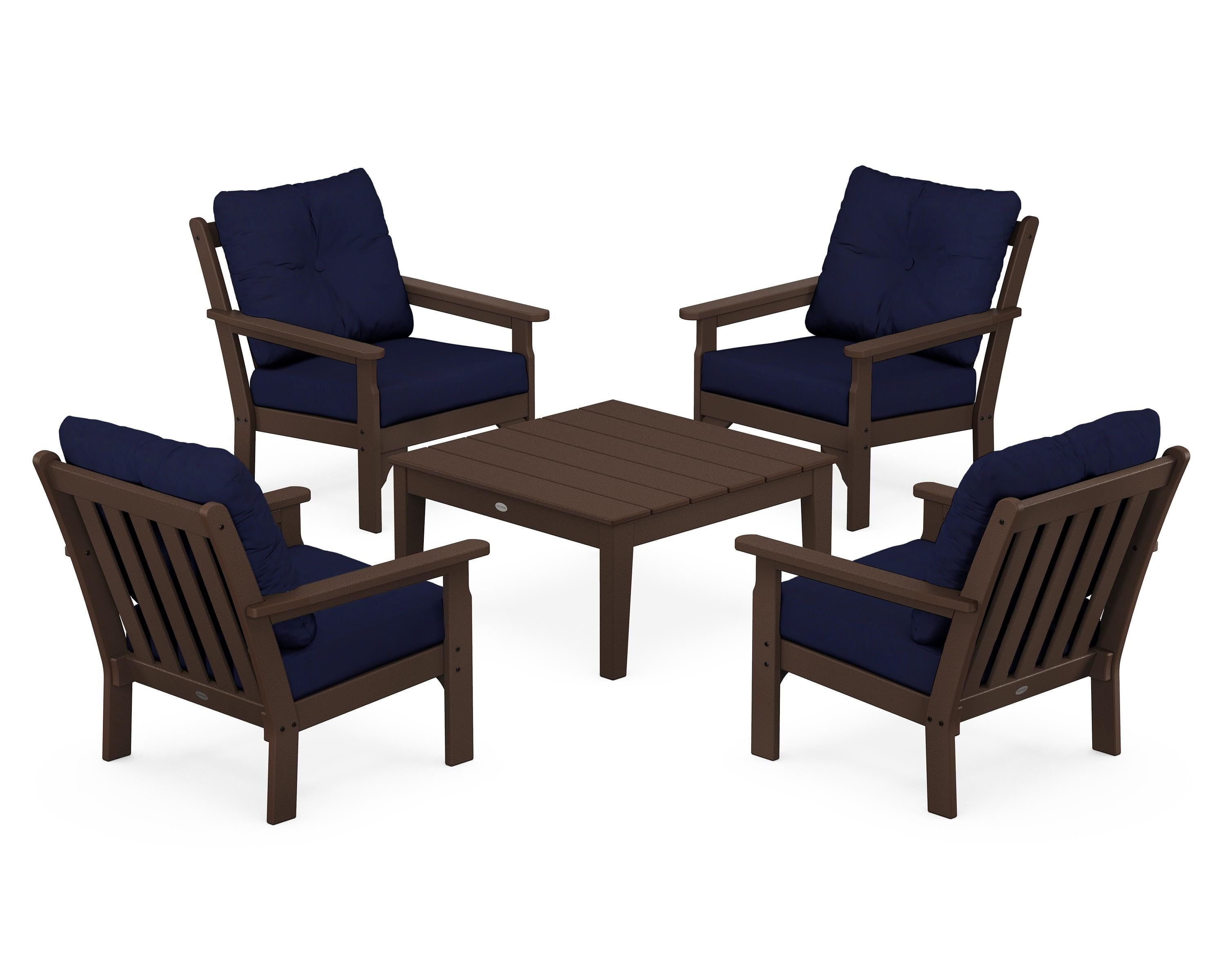 POLYWOOD® Vineyard 5-Piece Deep Seating Conversation Set in Mahogany / Navy