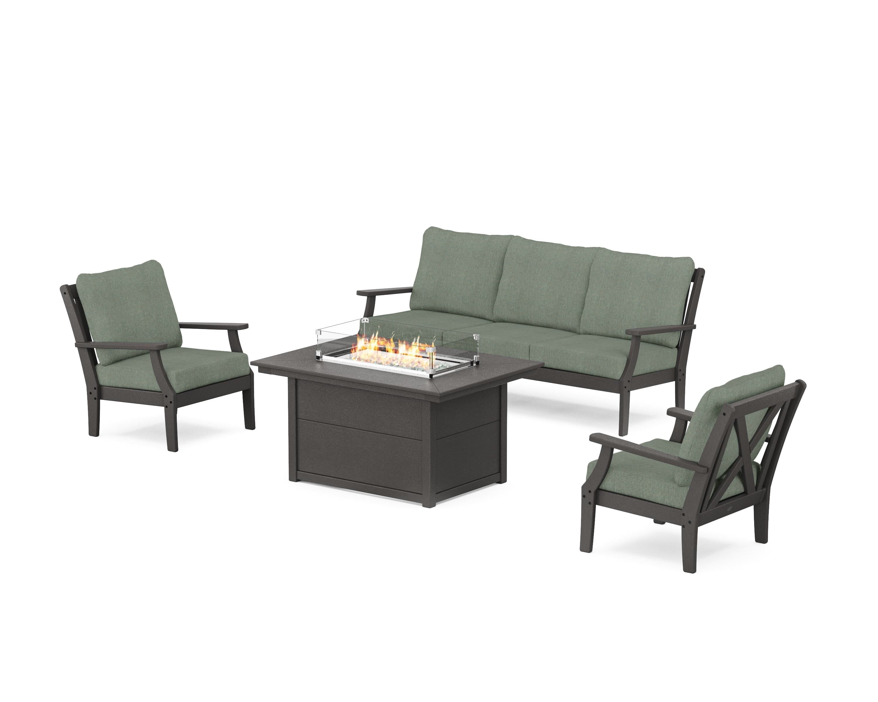 POLYWOOD® Braxton Deep Seating Fire Pit Table Set in Vintage Coffee / Cast Sage